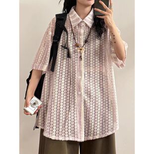 条纹镂空短袖 小众休闲文艺复古设计感法式 夏季 上衣男度假风 衬衫