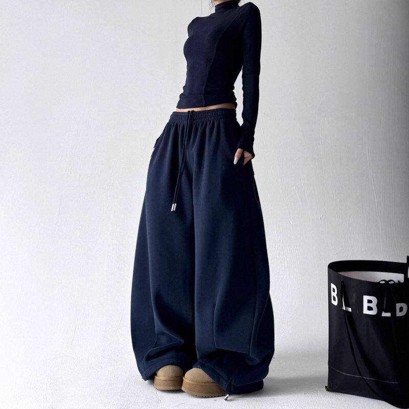 阔腿新款百搭宽松重磅藏青色卫裤男女运动裤秋冬季休闲裤加绒加厚