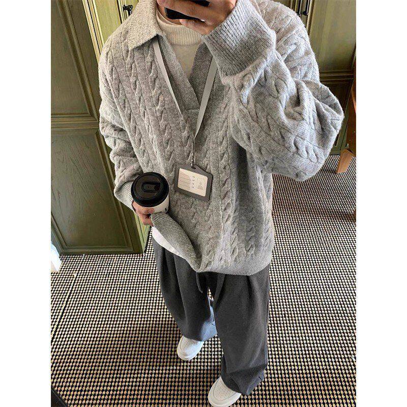 搭灰色内针织衫领男款风麻花高级感美式毛衣v复古假两件冬季慵懒