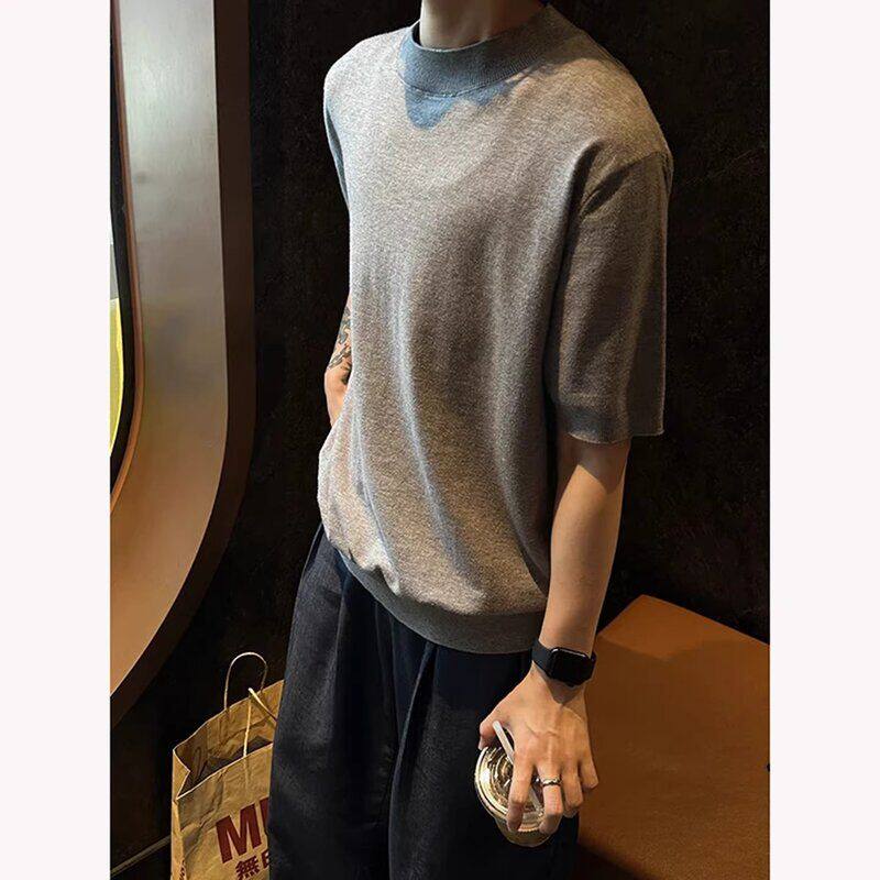 男款短袖针织领口风凉透气冰丝半袖灰色夏季anfit感let恤小c老钱