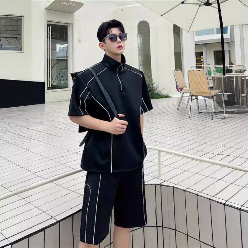 两件套高级感T恤痞帅韩版短裤夏季休闲运动套装拉链半宽松小众男