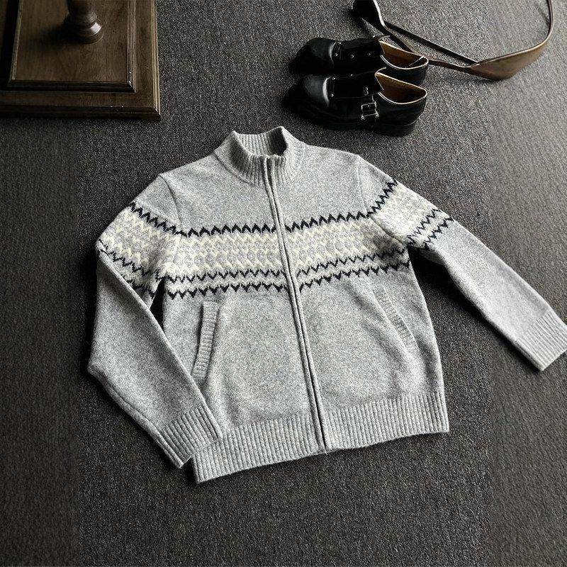 开衫高雅复古拉链高领慵懒外套风半毛衣美式冬季灰费尔岛男女针织