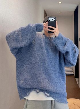 浅蓝色圆领破洞复古针织衫毛边拉毛款男女大秋冬季毛衣时尚情侣装