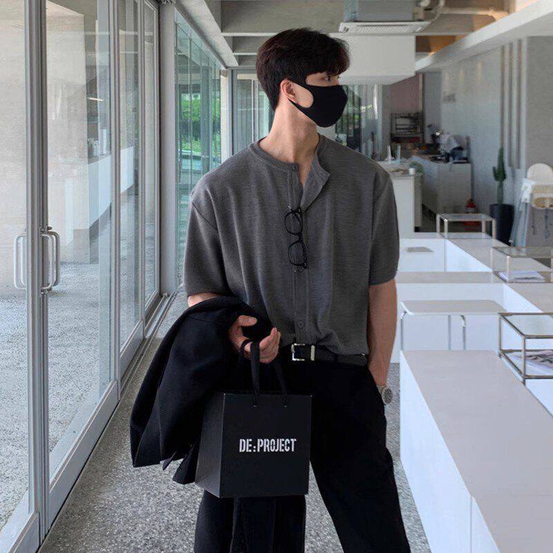 小众风春秋ins慵懒针织高级感宽松薄款开衫上衣t恤体恤韩版男短袖