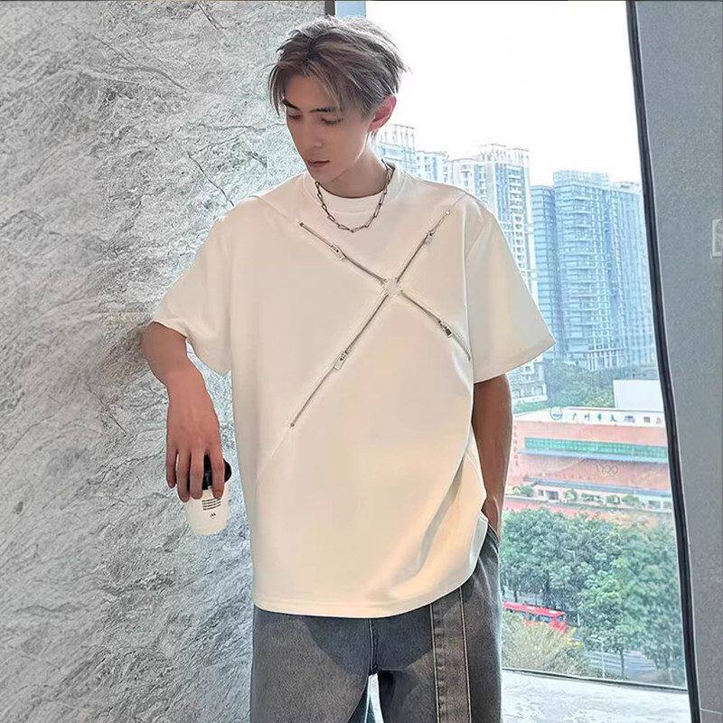半袖小众男款短袖上衣拉链潮牌垫肩T恤新款男设计夏季高级感解构