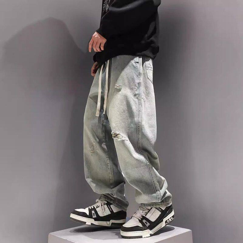 阔腿水洗破洞春夏秋冬纯色牛仔裤c日系长裤男宽松leanfit抽绳直筒