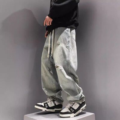阔腿水洗破洞春夏秋冬纯色牛仔裤c日系长裤男宽松leanfit抽绳直筒