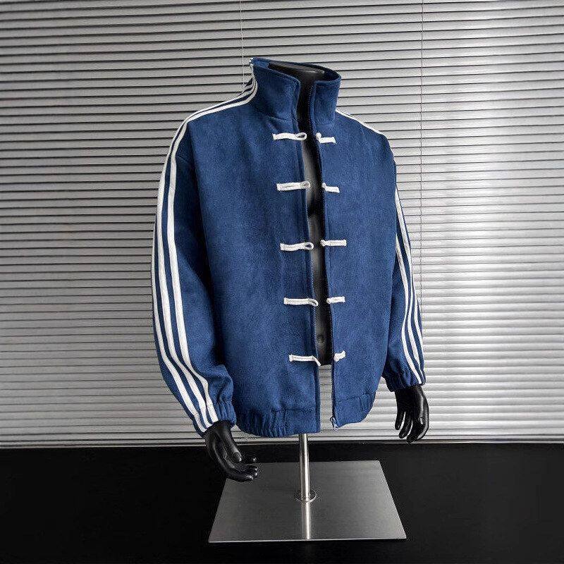 流行搭夹克新中式唐装穿拼接盘扣男高级感蓝白杠秋季立领上衣三条