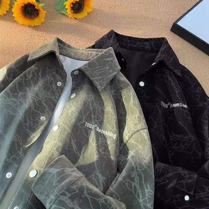 衬衫灯芯绒潮牌痞帅高级感港风男款复古春季外套日系衬衣刺绣美式