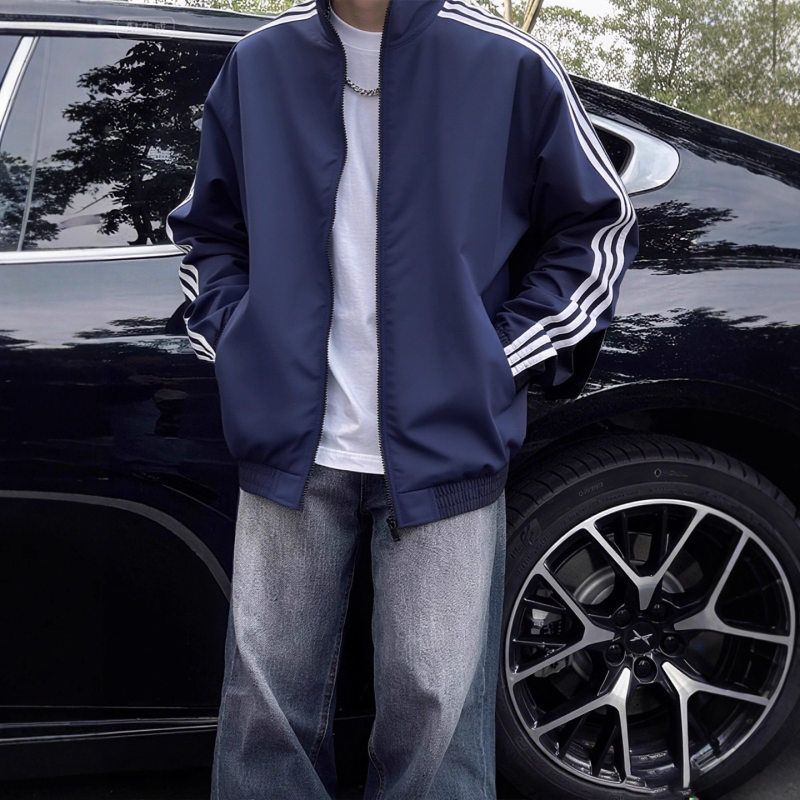 户外深蓝色le美式软壳冲锋衣夹克条纹三条运动anfit杠外套c男秋季