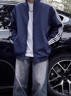 户外深蓝色le美式软壳冲锋衣夹克条纹三条运动anfit杠外套c男秋季