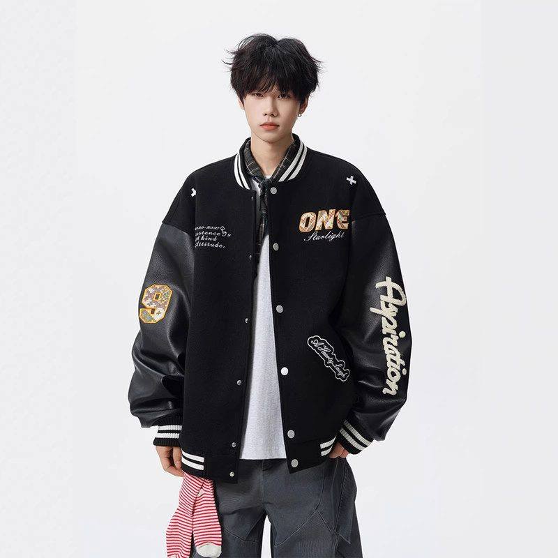夹克领外套刺绣男春上衣美式高街痞帅情侣设计感潮牌休闲棒球撞色,男装,夹克,淘宝优惠券,粉丝福利购,淘宝优惠卷
