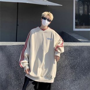 卫衣vintage美式春季潮牌青年情侣条纹男T恤高街宽松外套上衣撞色