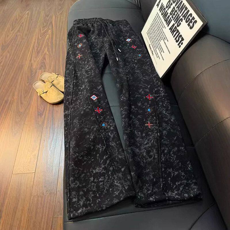 休闲运动裤卫裤c扎染冬季加绒加厚刺绣anfit直筒裤男款重磅美式le