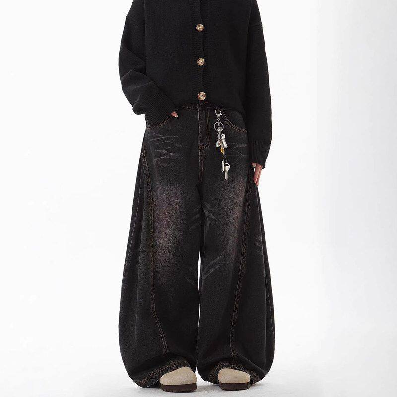 男女做旧潮牌牛仔裤水洗猫须美式裤子复古长垂感阔腿黑色宽松弯刀