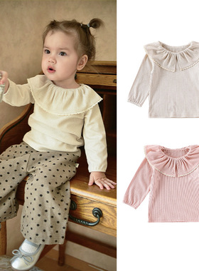 婴儿娃娃衫ins童装北欧风2025秋装女宝宝花边翻领a类T恤打底衫