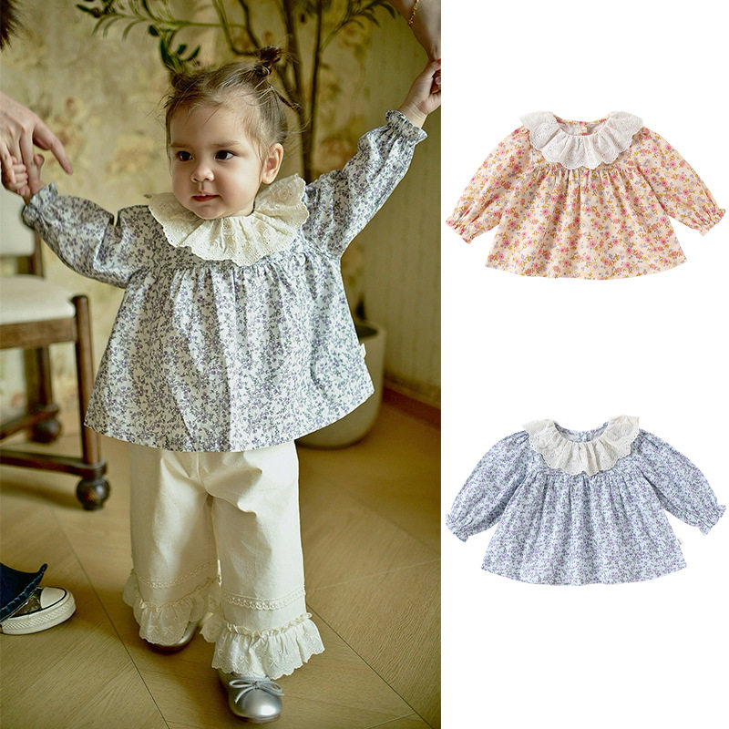 女童洋气春秋季长袖t恤儿童全棉蕾丝领上衣女宝宝春装碎花打底衫