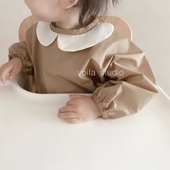 ins韩国宝宝罩衣婴儿童长袖 防水吃饭衣饭兜纯色娃娃领领反穿衣