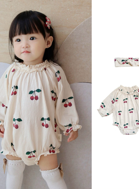 婴儿花边领长袖包屁衣樱桃女宝宝满月周岁纯棉泡泡棉三角爬服ks