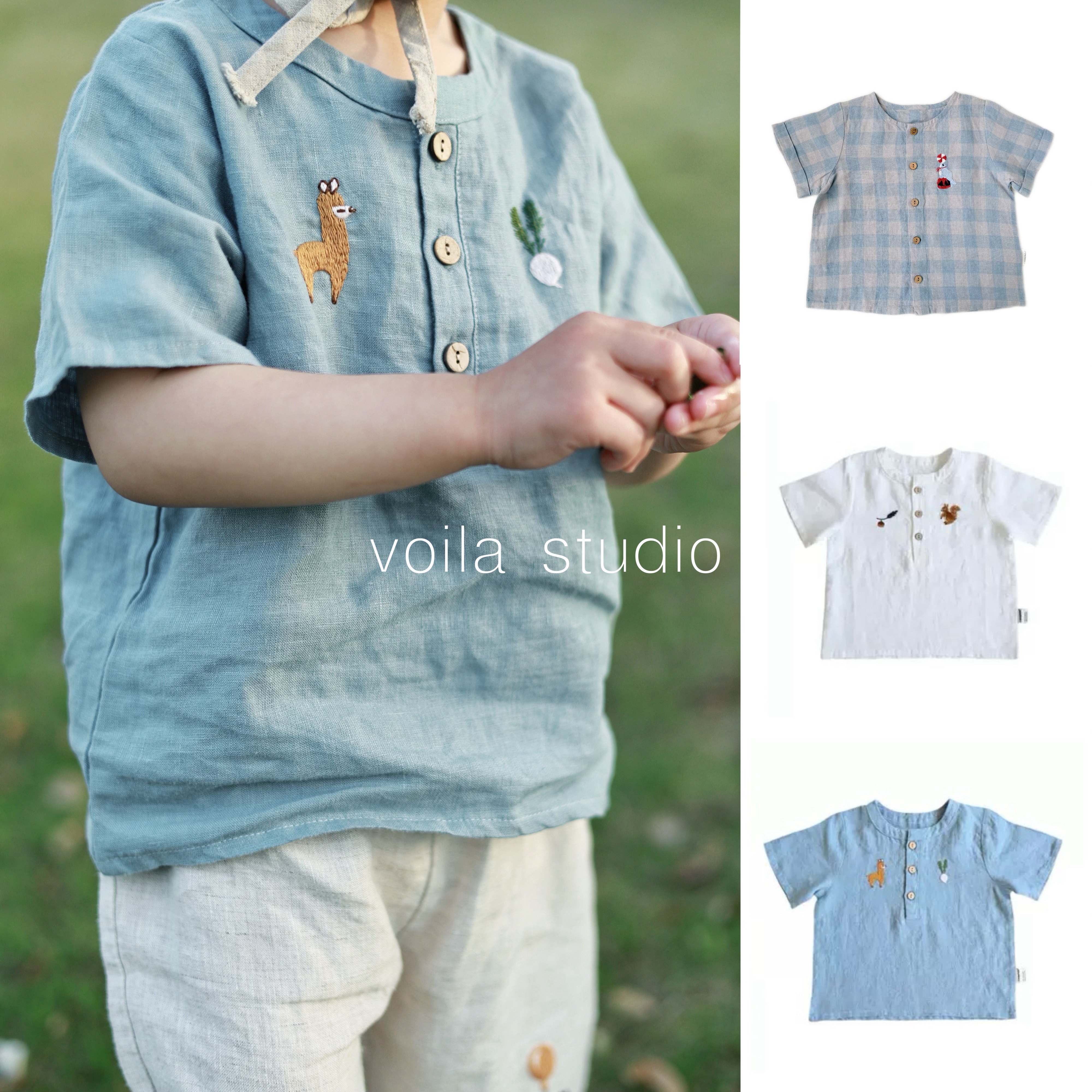 宝宝夏季短袖上衣法国进口亚麻T恤薄款ins复古小爱丽丝男女童刺绣