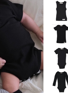 mar莫代尔棉经典黑色坑条宝宝短袖长袖包屁衣婴儿三角哈衣无骨薄