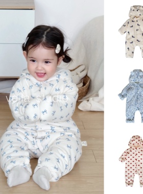 宝宝熊耳朵连体棉服夹棉加厚连体衣秋冬季连帽外出服婴儿棉衣棉袄