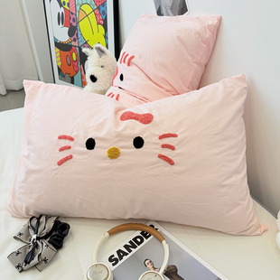 可爱猫咪毛巾绣水洗棉枕套一对装 宿舍单人枕头套48x74枕芯内胆套