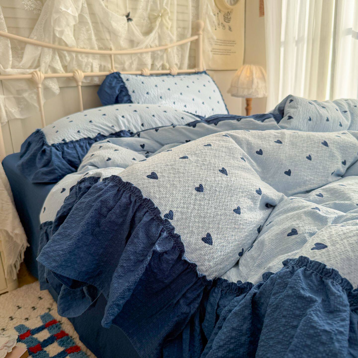 ins简约爱心泡芙纱花边水洗棉四件套少女心被套宿舍床单笠三件套