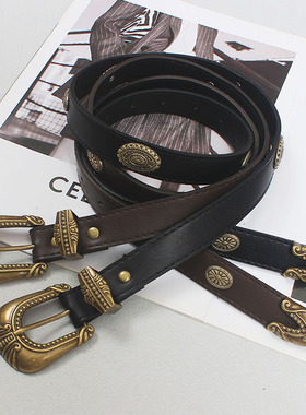 美式复古皮带女款配牛仔裤真皮辣妹百搭黑色银扣腰带y2k装饰西装