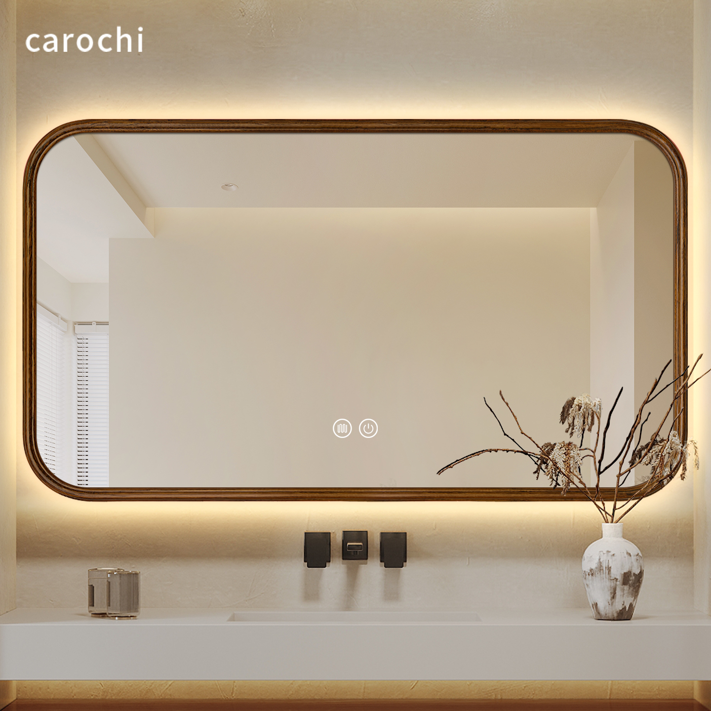 中古风智能镜带灯洗手间洗漱台镜子卫生间梳妆镜挂墙式实木浴室镜