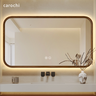 中古风智能镜带灯洗手间洗漱台镜子卫生间梳妆镜挂墙式实木浴室镜