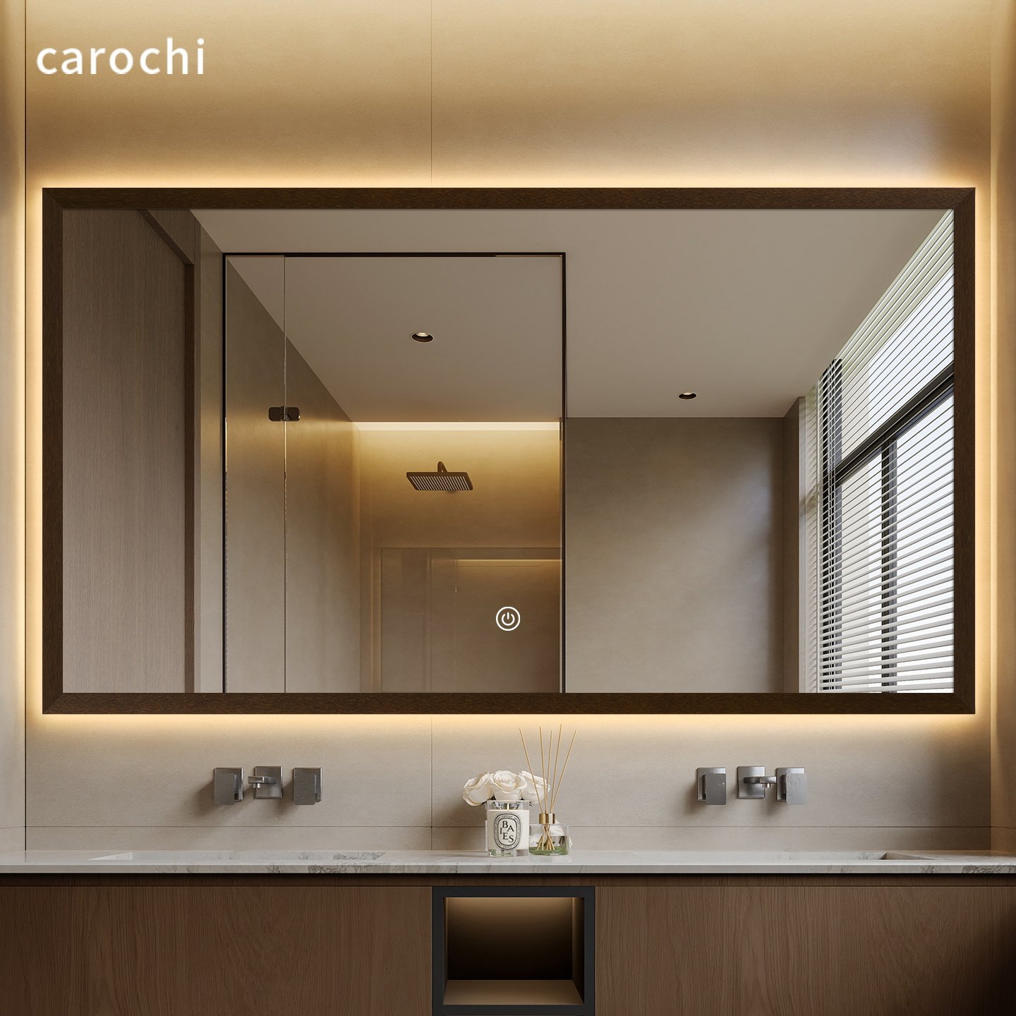 木框中古风复古高端智能镜带灯发光洗手台镜子卫生间挂墙式浴室镜,家装主材,浴室镜,淘宝优惠券,粉丝福利购,淘宝优惠卷