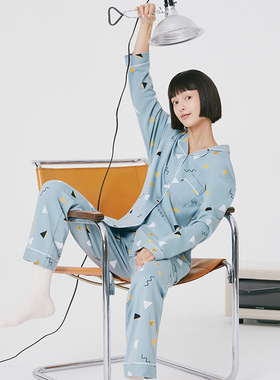 三枪睡衣家居服女春秋舒肤棉翻领开襟长袖长裤女家居服套装81418