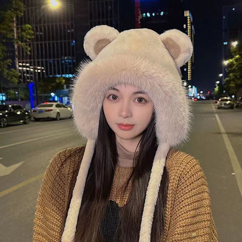 冬季女帽韩版可爱小熊耳朵毛绒加厚保暖护耳帽显脸小帽子时尚款