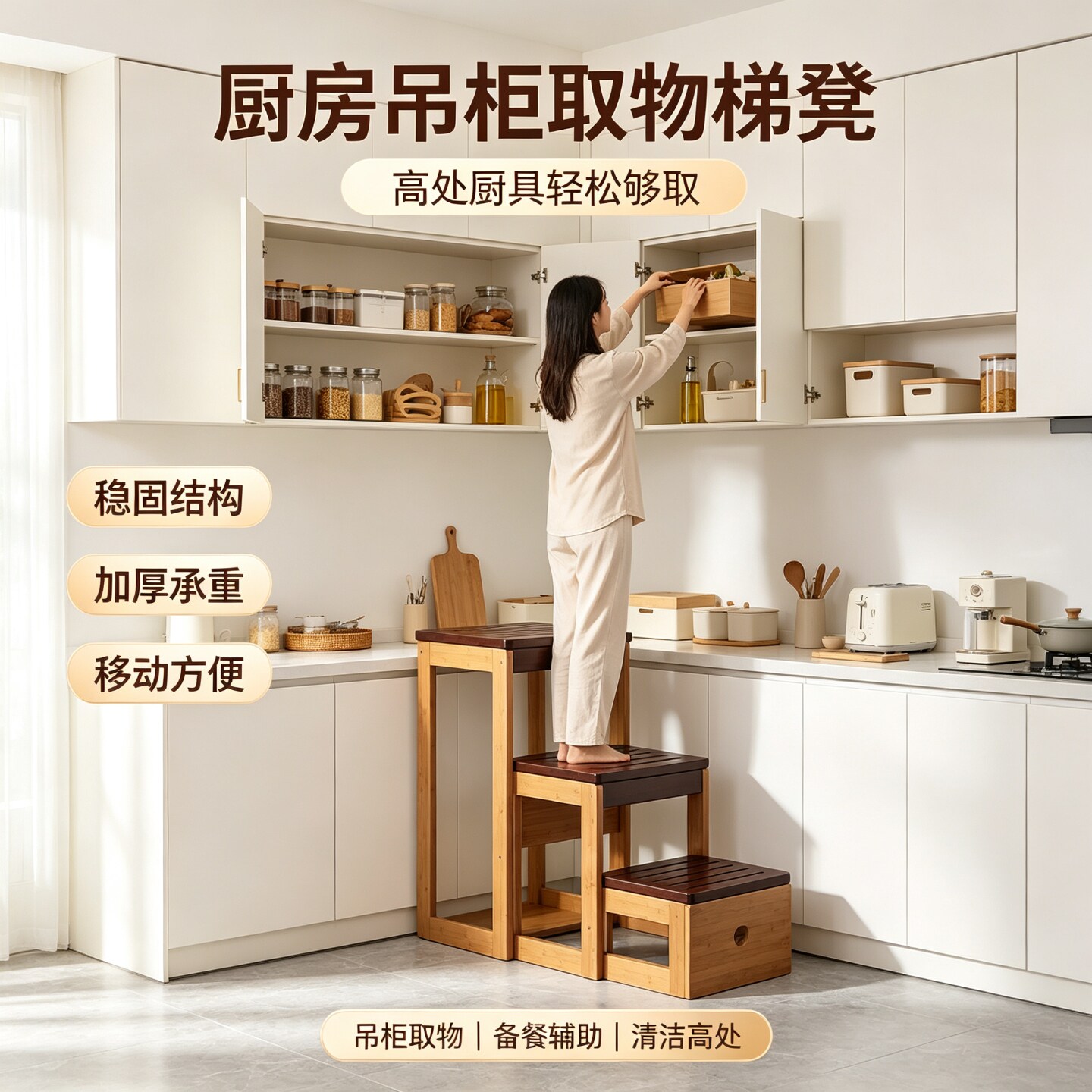 免安装梯凳家用可折叠梯子多功能厨房凳登高三步梯客厅室内稳步凳图片