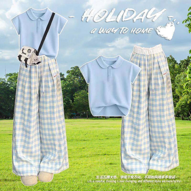 2025新款12-15岁女童夏装套装初中生韩版抽绳短袖t恤蓝格子阔腿裤