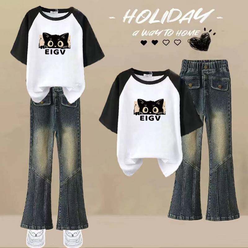 女童2025夏季套装12岁女孩衣服插肩短袖T恤牛仔裤显瘦韩版两件套9