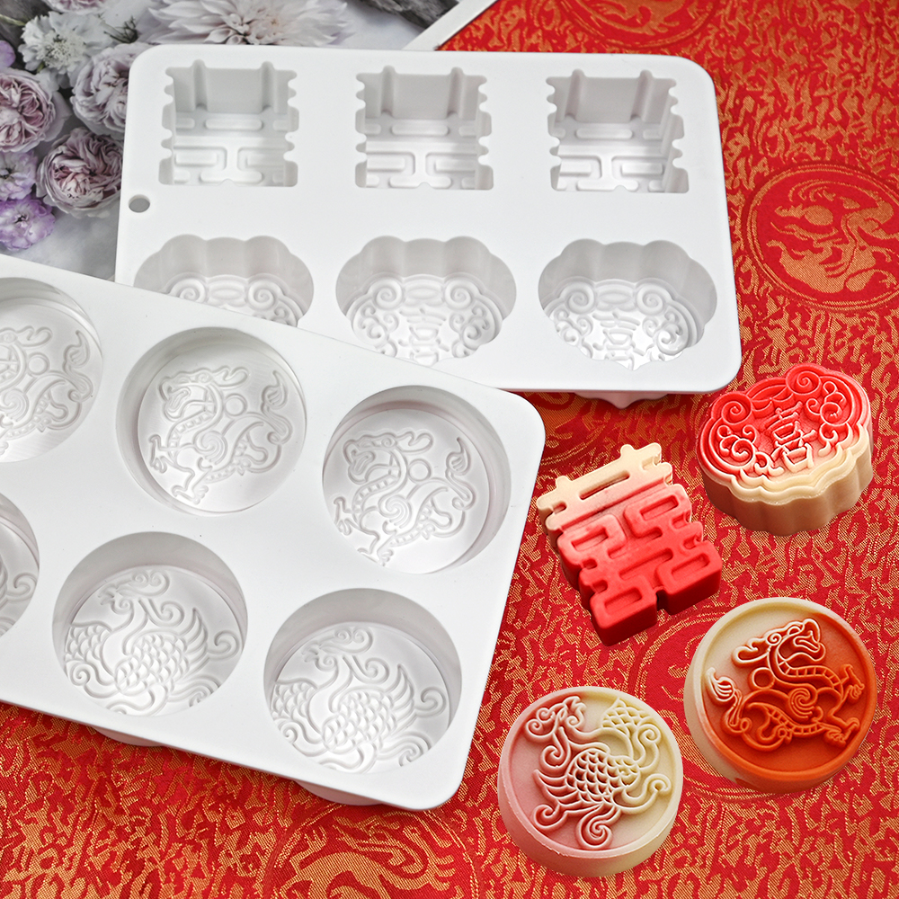 中国风双喜临门慕斯蛋糕模具 龙凤吉祥硅胶模具月饼喜饼烘焙模具