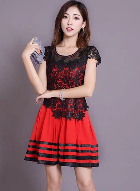 箩伦诗台湾夏季短袖绣花蕾丝收腰显瘦妈妈装连衣裙