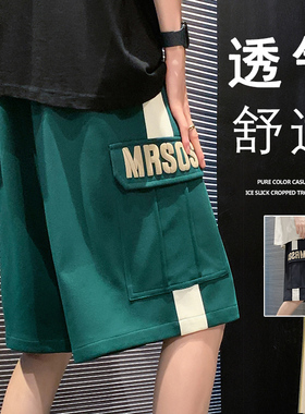 运动短裤男夏季潮牌复古发泡印花休闲中裤宽松vintage美式五分裤