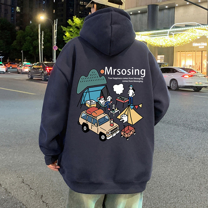 港风复古卡通印花连帽卫衣男春秋季宽松慵懒风oversize外套上衣