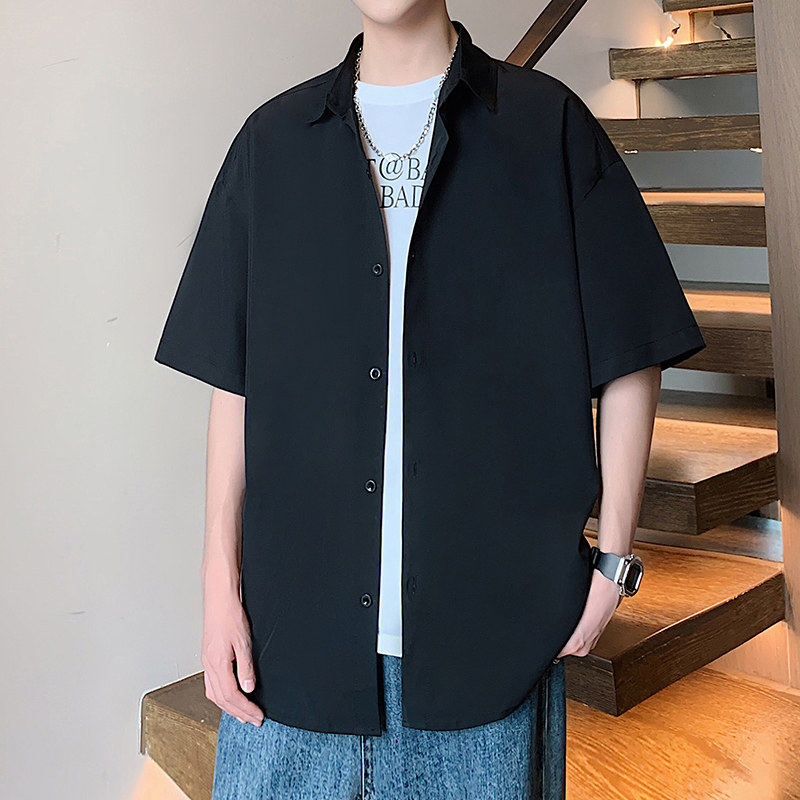 夏季新款日系工装短袖衬衫男宽松薄款美式休闲纯色设计感半袖衬衣