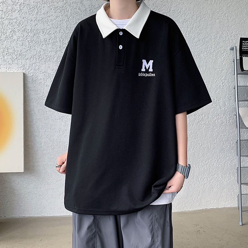 撞色刺绣设计感polo衫港风短袖男夏季五分袖oversize宽松翻领t恤