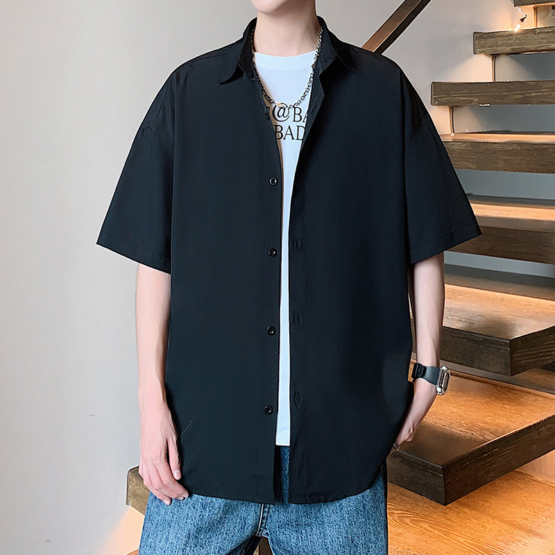 短袖衬衫男夏季薄款美式冰丝纯色翻领休闲衬衣潮牌港风半袖外套衫
