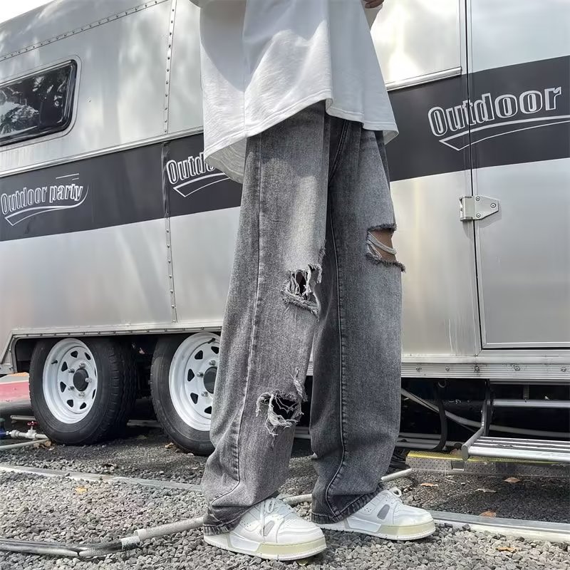 破洞直筒牛仔裤男宽松夏季潮牌高街美式男生裤子复古阔腿休闲长裤