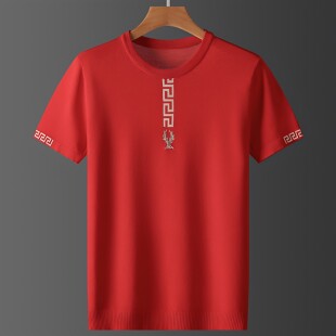 夏季针织新款曲珠刺绣提花休闲中青年短袖冰丝男本命年红色针织衫