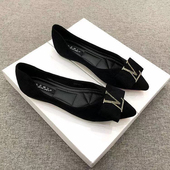 尖头平跟单鞋 女春秋季 韩版 2026新款 浅口水钻百搭绒料舒适不磨脚鞋