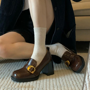复古方头粗跟一脚蹬福乐鞋女2026新款英伦风小个子高跟小皮鞋单鞋