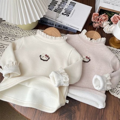 秋冬女童蕾丝花边半高领一体绒打底衫宝宝加绒内搭儿童保暖上衣女