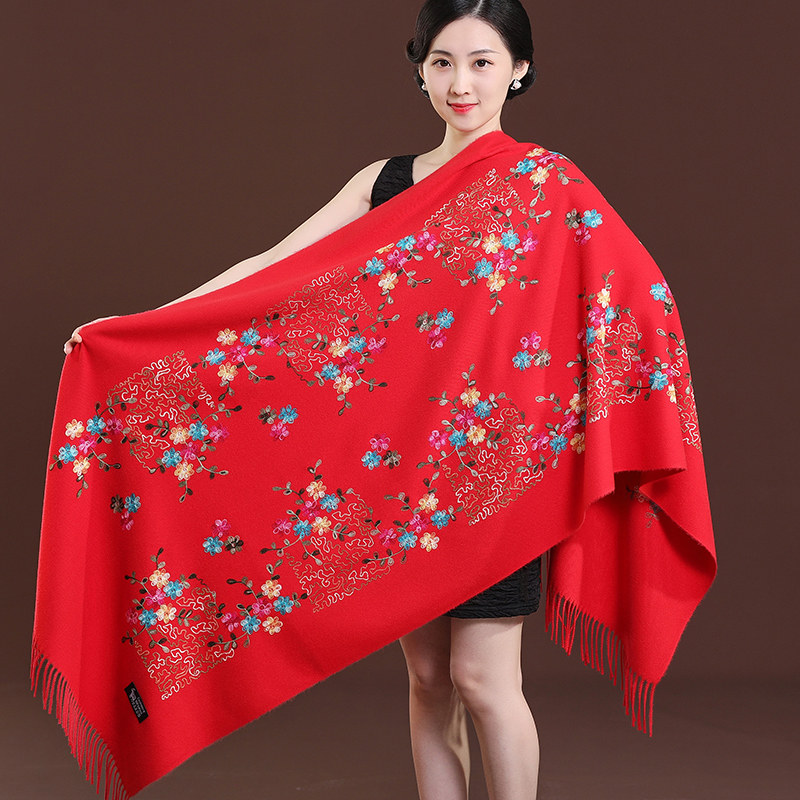 红色妈妈仿羊绒民族风披肩女冬保暖加厚长款外搭新娘婚纱旗袍围巾